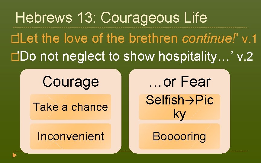 Hebrews 13: Courageous Life �'Let the love of the brethren continue!' v. 1 �'Do