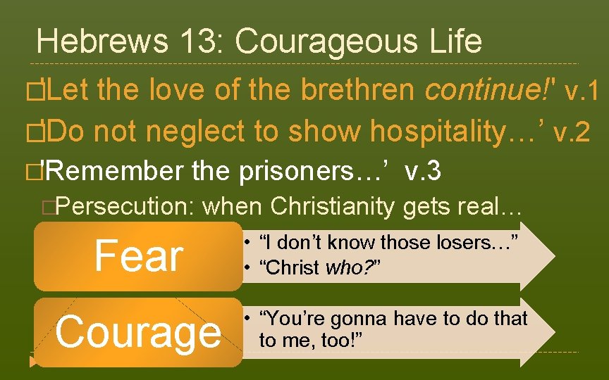 Hebrews 13: Courageous Life �'Let the love of the brethren continue!' v. 1 �'Do