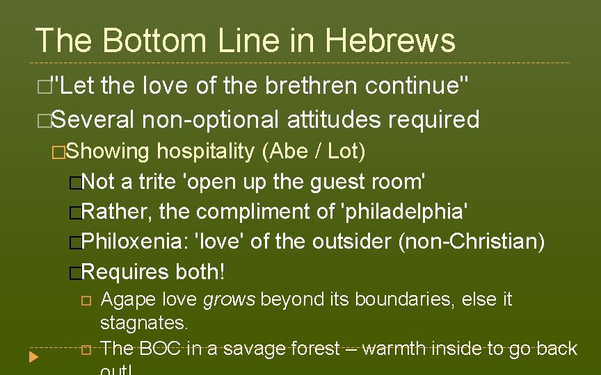 The Bottom Line in Hebrews �"Let the love of the brethren continue" �Several non-optional