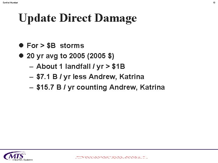 Control. Number 13 Update Direct Damage l For > $B storms l 20 yr