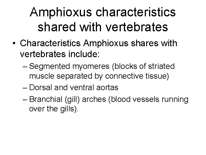 Amphioxus characteristics shared with vertebrates • Characteristics Amphioxus shares with vertebrates include: – Segmented