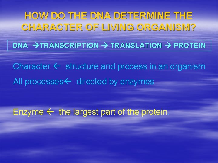HOW DO THE DNA DETERMINE THE CHARACTER OF LIVING ORGANISM? DNA TRANSCRIPTION TRANSLATION PROTEIN
