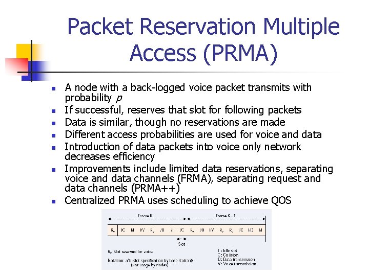 Packet Reservation Multiple Access (PRMA) n n n n A node with a back-logged