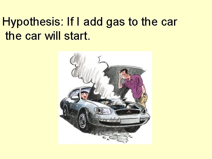 Hypothesis: If I add gas to the car will start. 