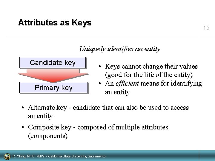 Attributes as Keys 12 Uniquely identifies an entity Candidate key Primary key • Keys