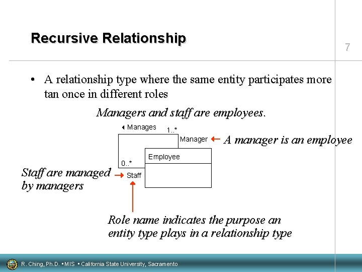 Recursive Relationship 7 • A relationship type where the same entity participates more tan