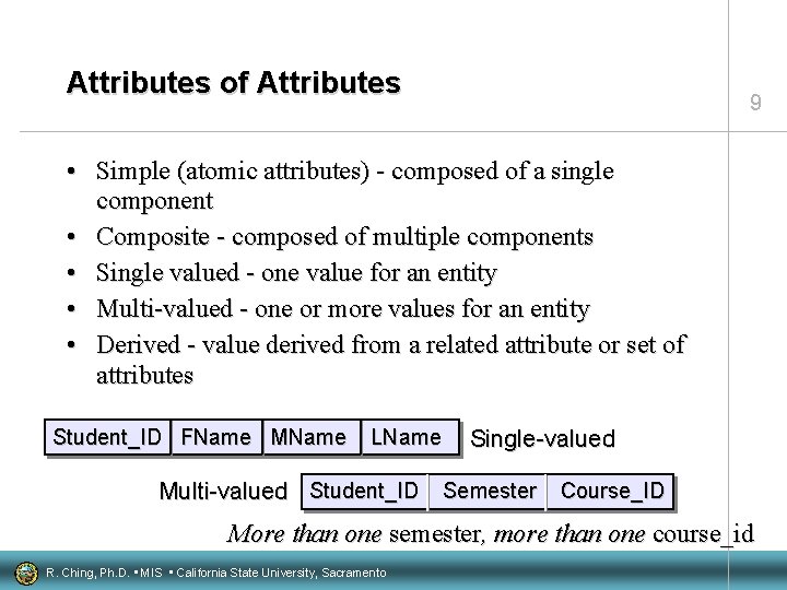 Attributes of Attributes 9 • Simple (atomic attributes) - composed of a single component