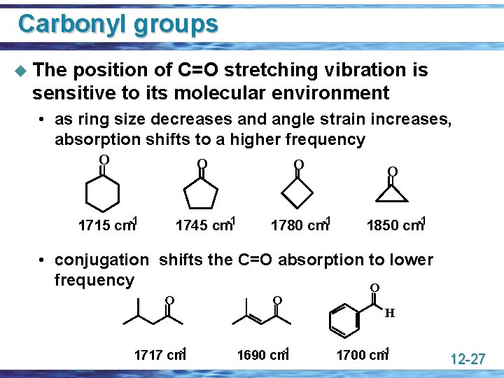 Carbonyl groups u The position of C=O stretching vibration is sensitive to its molecular