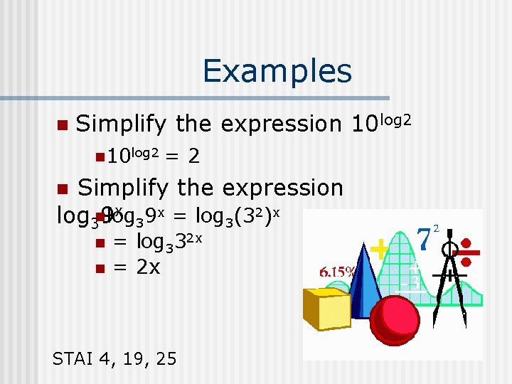 Examples n Simplify the expression 10 log 2 =2 Simplify the expression x 9