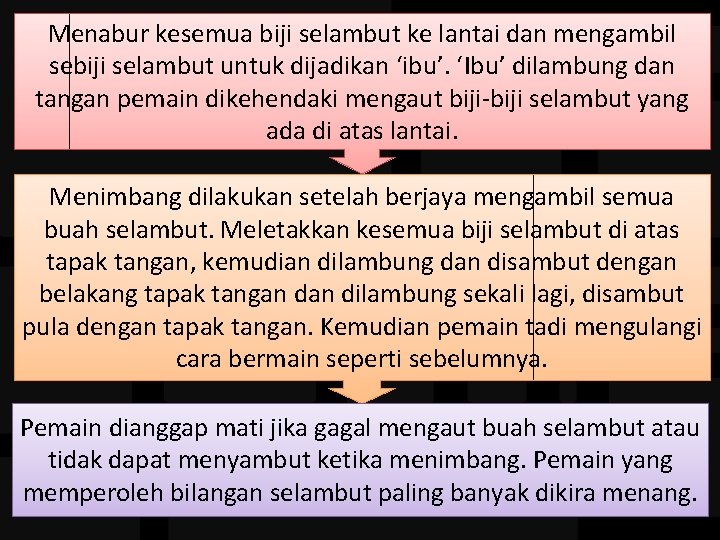 Menabur kesemua biji selambut ke lantai dan mengambil sebiji selambut untuk dijadikan ‘ibu’. ‘Ibu’