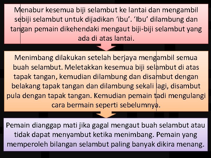 Menabur kesemua biji selambut ke lantai dan mengambil sebiji selambut untuk dijadikan ‘ibu’. ‘Ibu’