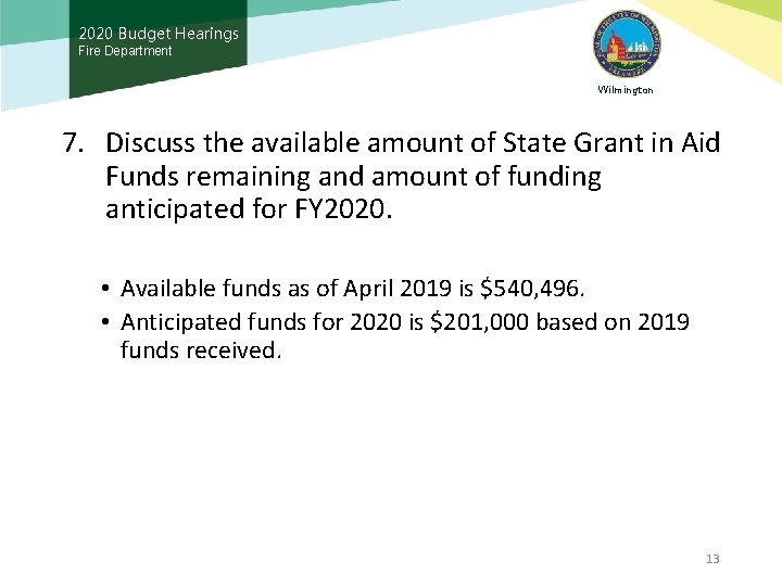 2020 Budget Hearings Fire Department Wilmington 7. Discuss the available amount of State Grant