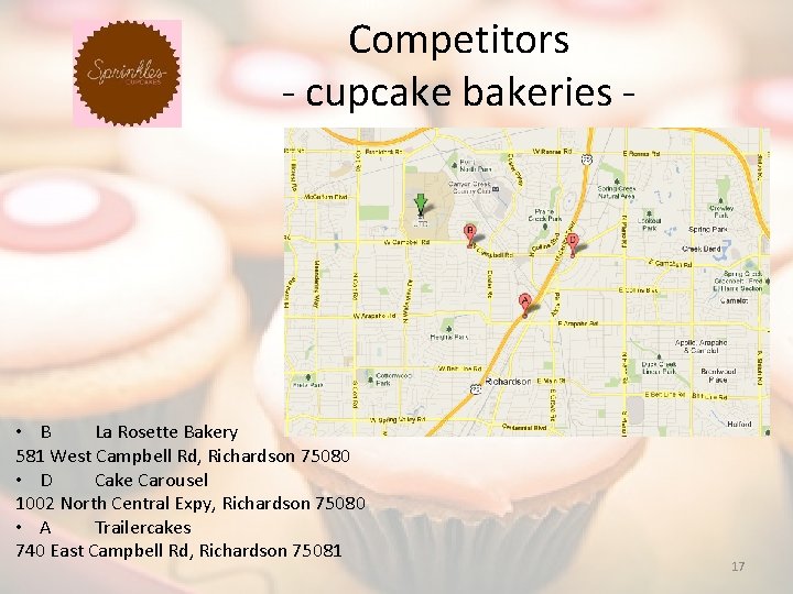 Competitors - cupcake bakeries - • B La Rosette Bakery 581 West Campbell Rd,