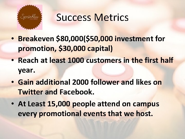 Success Metrics • Breakeven $80, 000($50, 000 investment for promotion, $30, 000 capital) •