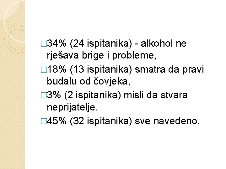 � 34% (24 ispitanika) - alkohol ne rješava brige i probleme, � 18% (13