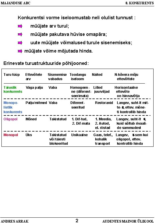 MAJANDUSE ABC 8. KONKURENTS Konkurentsi vorme iseloomustab neli olulist tunnust : · müüjate arv