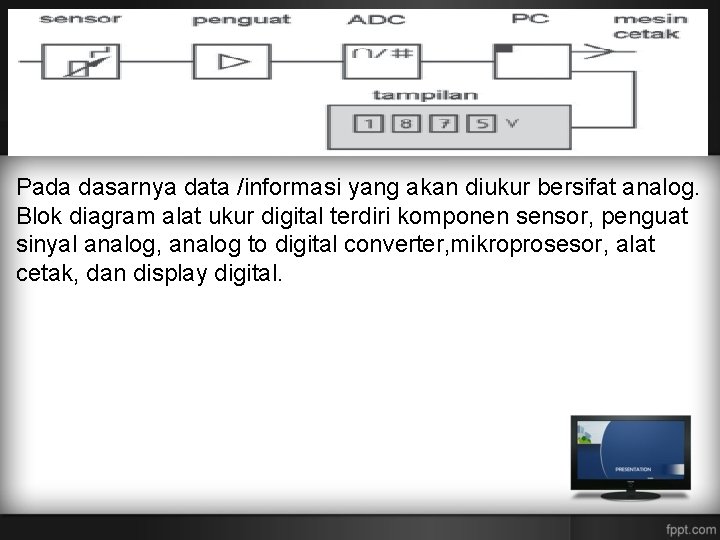 Pada dasarnya data /informasi yang akan diukur bersifat analog. Blok diagram alat ukur digital