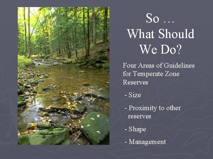 So … What Should We Do? Four Areas of Guidelines for Temperate Zone Reserves