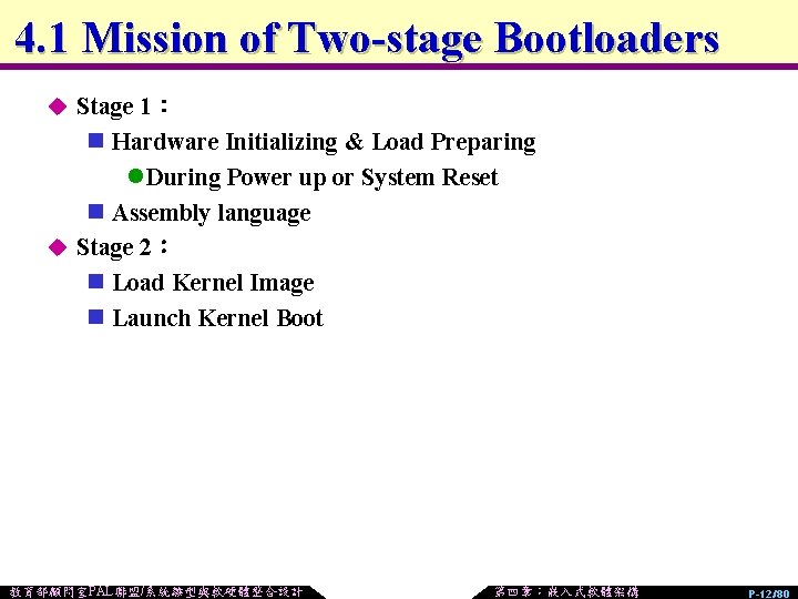 4. 1 Mission of Two-stage Bootloaders u Stage 1： n Hardware Initializing & Load