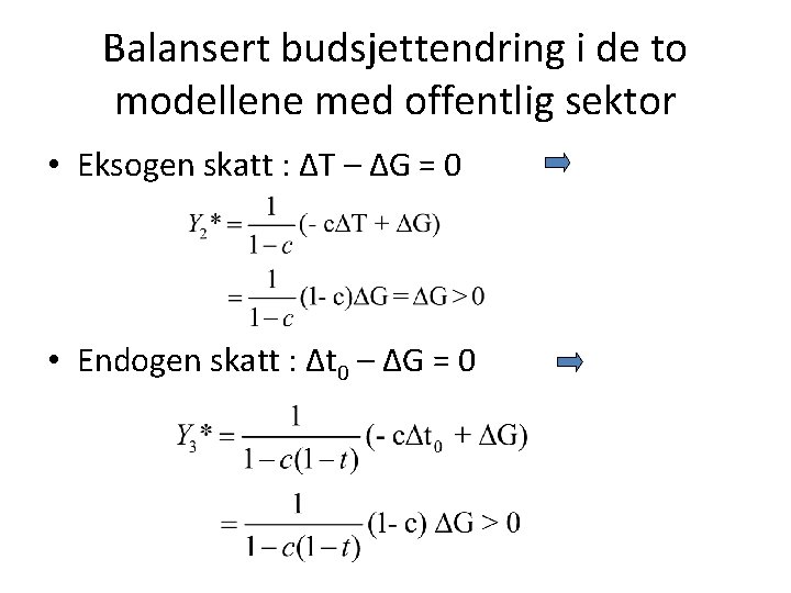 Balansert budsjettendring i de to modellene med offentlig sektor • Eksogen skatt : ΔT