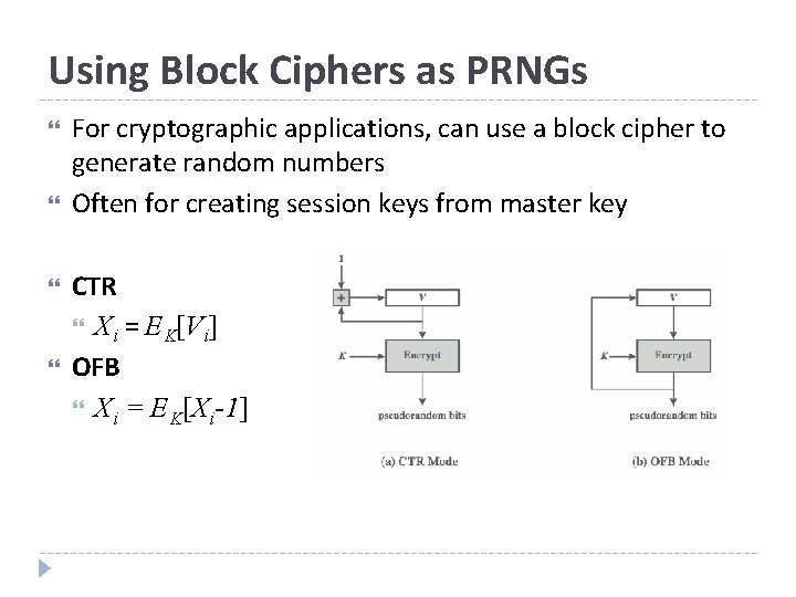 Using Block Ciphers as PRNGs For cryptographic applications, can use a block cipher to