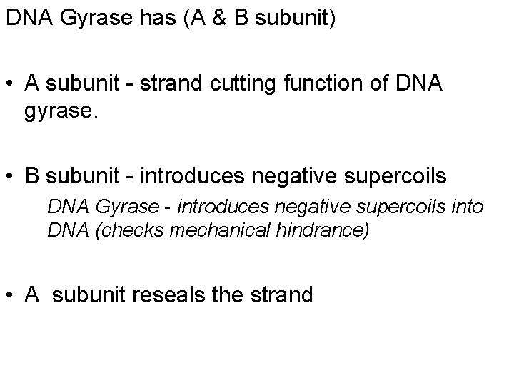 DNA Gyrase has (A & B subunit) • A subunit - strand cutting function