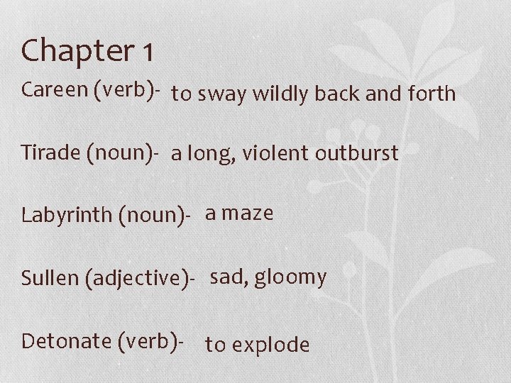 Chapter 1 Careen (verb)- to sway wildly back and forth Tirade (noun)- a long,