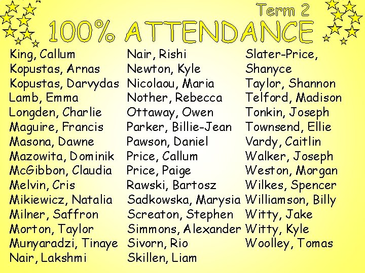 Term 2 100% ATTENDANCE King, Callum Kopustas, Arnas Kopustas, Darvydas Lamb, Emma Longden, Charlie