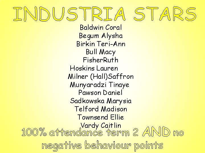INDUSTRIA STARS Baldwin Coral Begum Alysha Birkin Teri-Ann Bull Macy Fisher. Ruth Hoskins Lauren