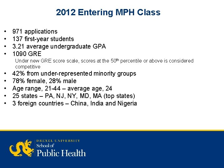 2012 Entering MPH Class • • 971 applications 137 first-year students 3. 21 average