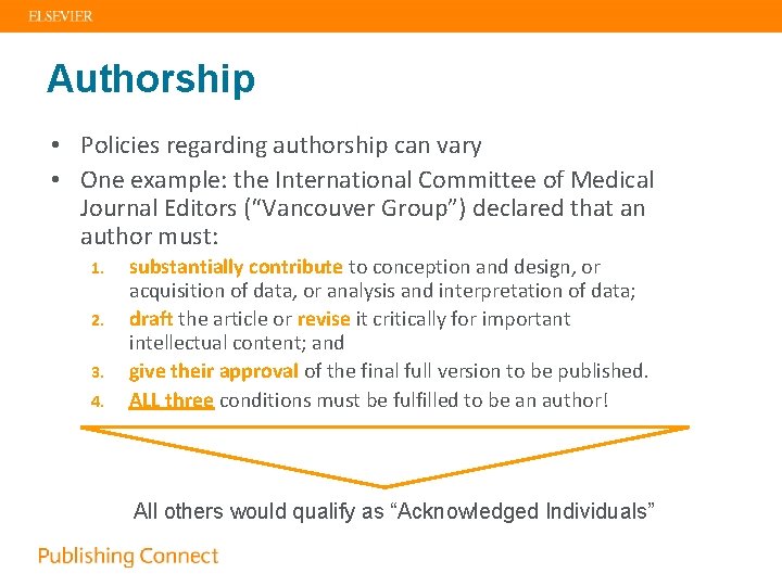 Authorship • Policies regarding authorship can vary • One example: the International Committee of