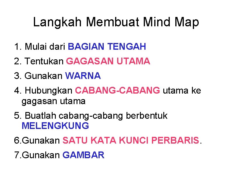 Langkah Membuat Mind Map 1. Mulai dari BAGIAN TENGAH 2. Tentukan GAGASAN UTAMA 3.