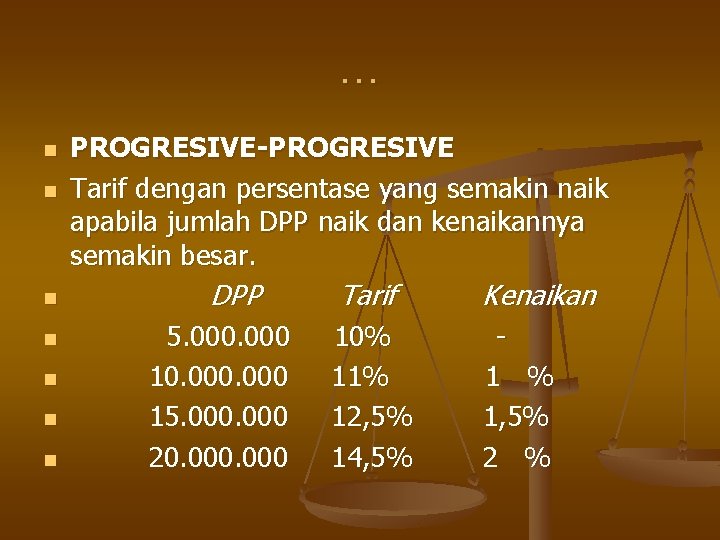 … n n n n PROGRESIVE-PROGRESIVE Tarif dengan persentase yang semakin naik apabila jumlah
