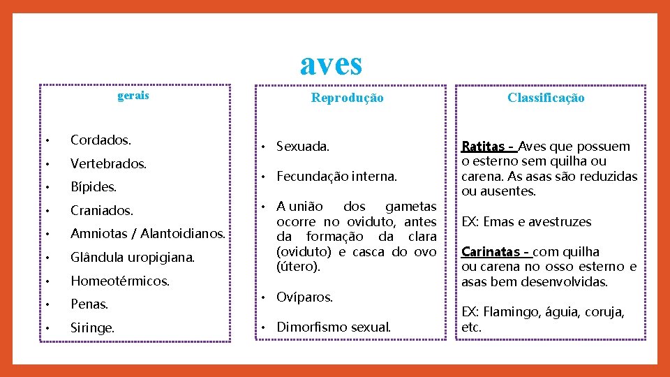 aves gerais • Cordados. • Vertebrados. • Bípides. • Craniados. • Amniotas / Alantoidianos.