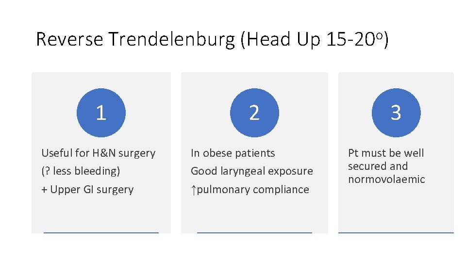 Reverse Trendelenburg (Head Up 15 -20 o) 1 2 Useful for H&N surgery (?