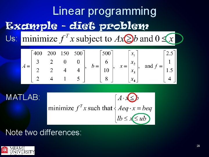 Linear programming Example - diet problem Us: MATLAB: Note two differences: 29 