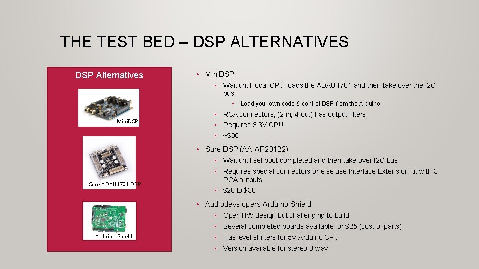 THE TEST BED – DSP ALTERNATIVES DSP Alternatives • Mini. DSP • Wait until