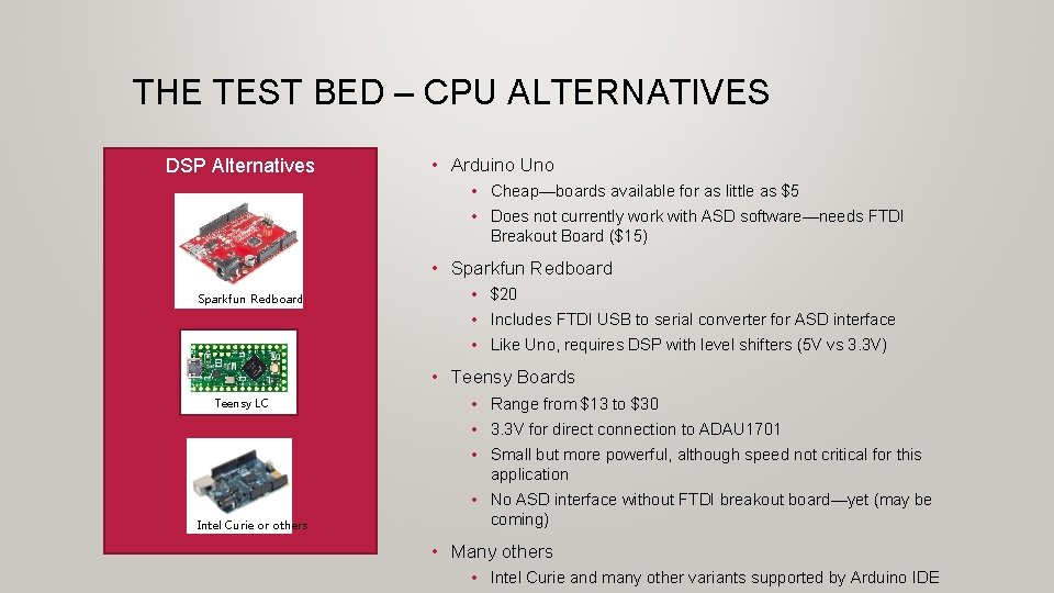 THE TEST BED – CPU ALTERNATIVES DSP Alternatives • Arduino Uno • Cheap—boards available