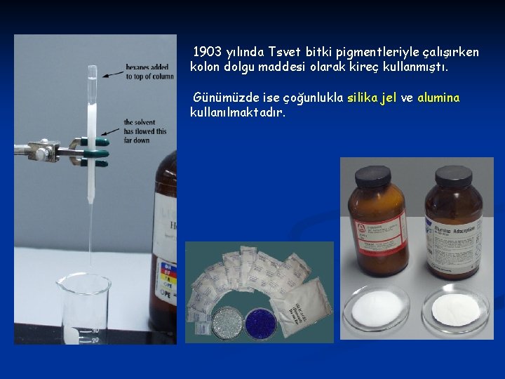 1903 yılında Tsvet bitki pigmentleriyle çalışırken kolon dolgu maddesi olarak kireç kullanmıştı. Günümüzde ise