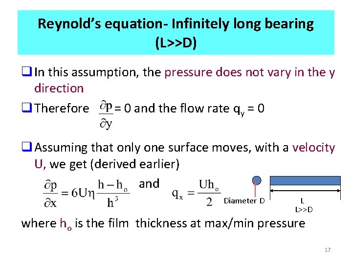 Reynold’s equation- Infinitely long bearing (L>>D) q In this assumption, the pressure does not