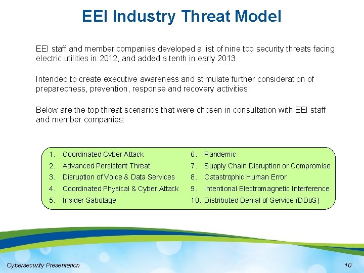 EEI Industry Threat Model EEI staff and member companies developed a list of nine