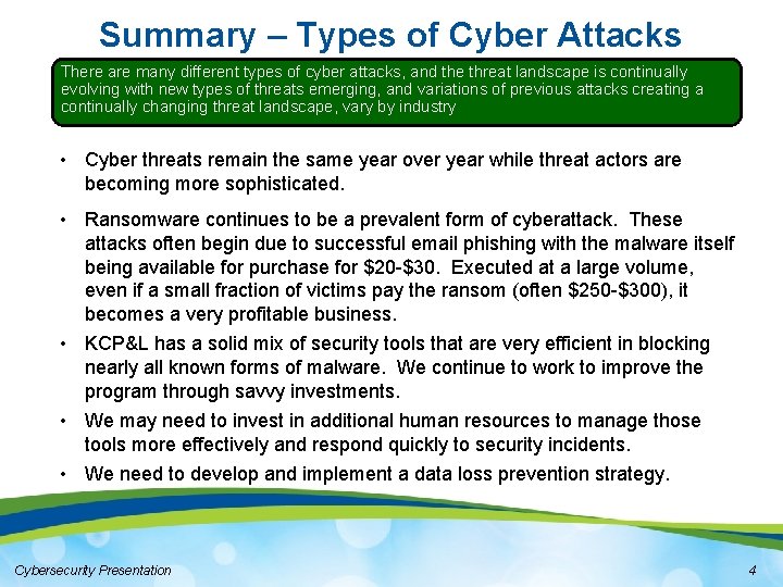 Summary – Types of Cyber Attacks There are many different types of cyber attacks,