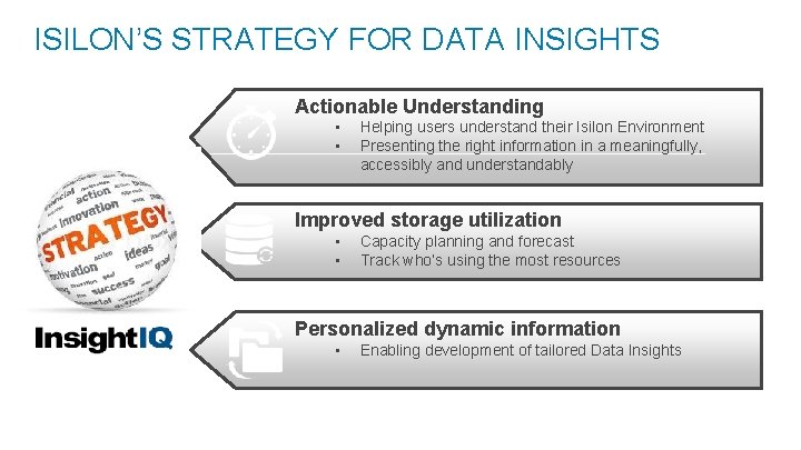 ISILON’S STRATEGY FOR DATA INSIGHTS Actionable Understanding • • Helping users understand their Isilon