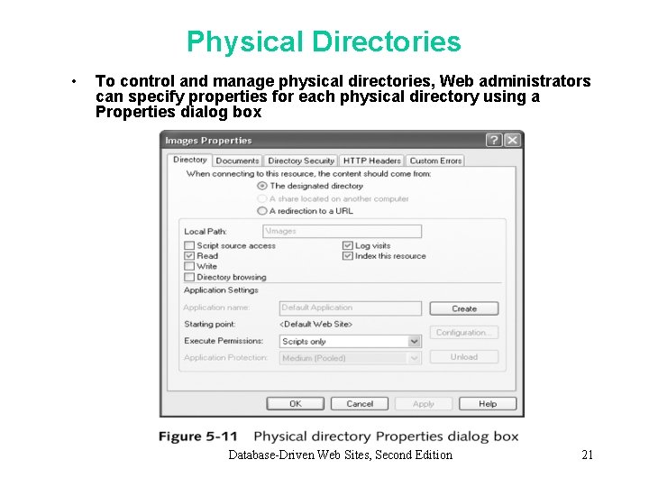 Physical Directories • To control and manage physical directories, Web administrators can specify properties