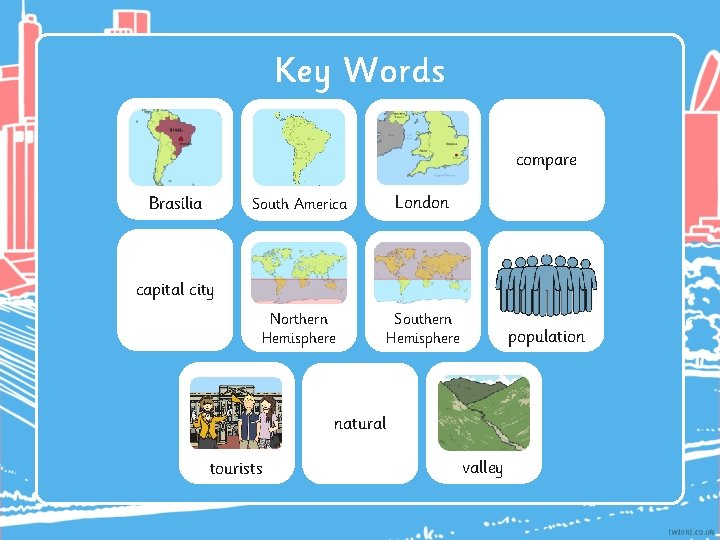 Key Words compare Brasília South America London Northern Hemisphere Southern Hemisphere capital city population