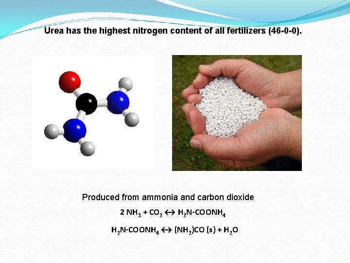 Urea has the highest nitrogen content of all fertilizers (46 -0 -0). Produced from