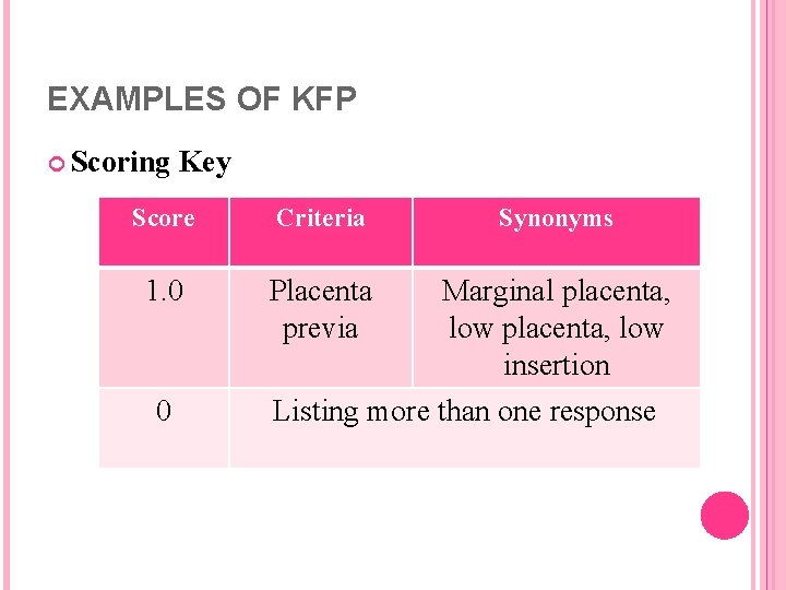 EXAMPLES OF KFP Scoring Key Score Criteria Synonyms 1. 0 Placenta previa Marginal placenta, EXAMPLES OF KFP Scoring Key Score Criteria Synonyms 1. 0 Placenta previa Marginal placenta,