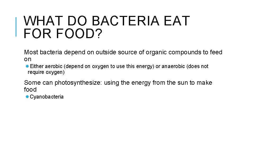 WHAT DO BACTERIA EAT FOR FOOD? Most bacteria depend on outside source of organic