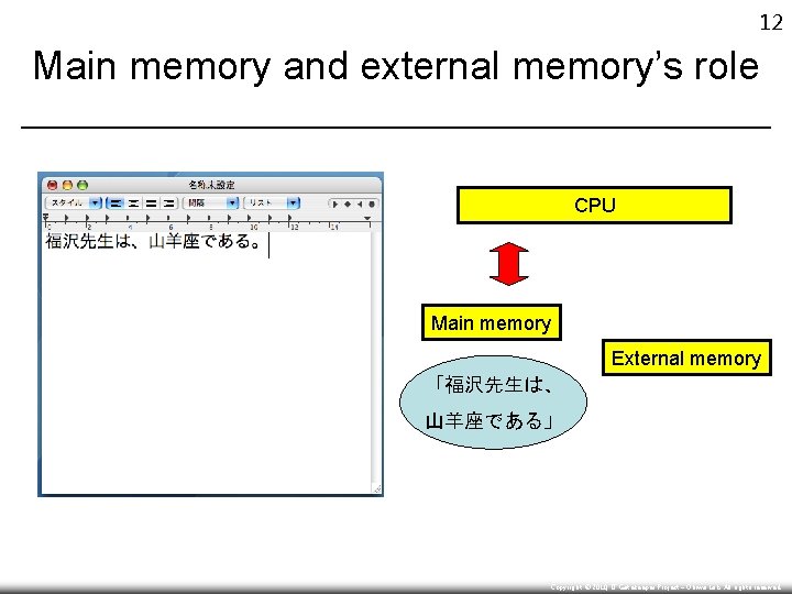 12 Main memory and external memory’s role CPU Main memory External memory 「福沢先生は、 山羊座である」