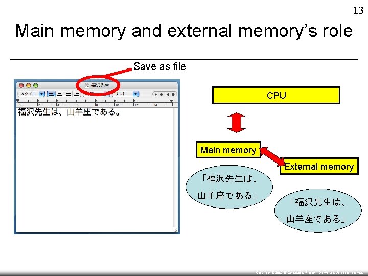 13 Main memory and external memory’s role Save as file CPU Main memory External